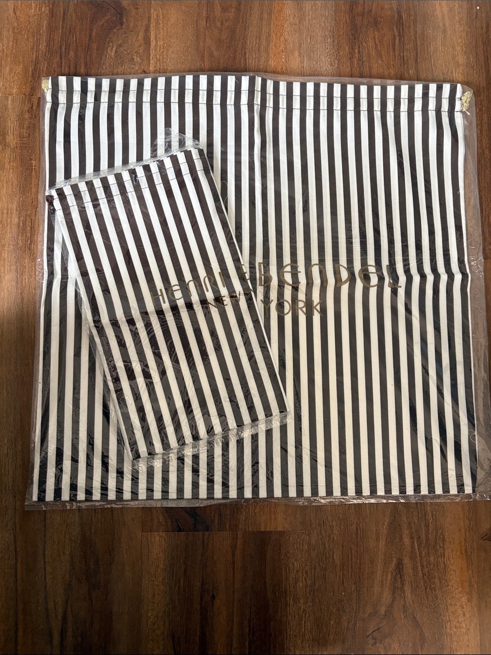 Henri Bendel Brown and White Vertical Stripe Dust Bag Set